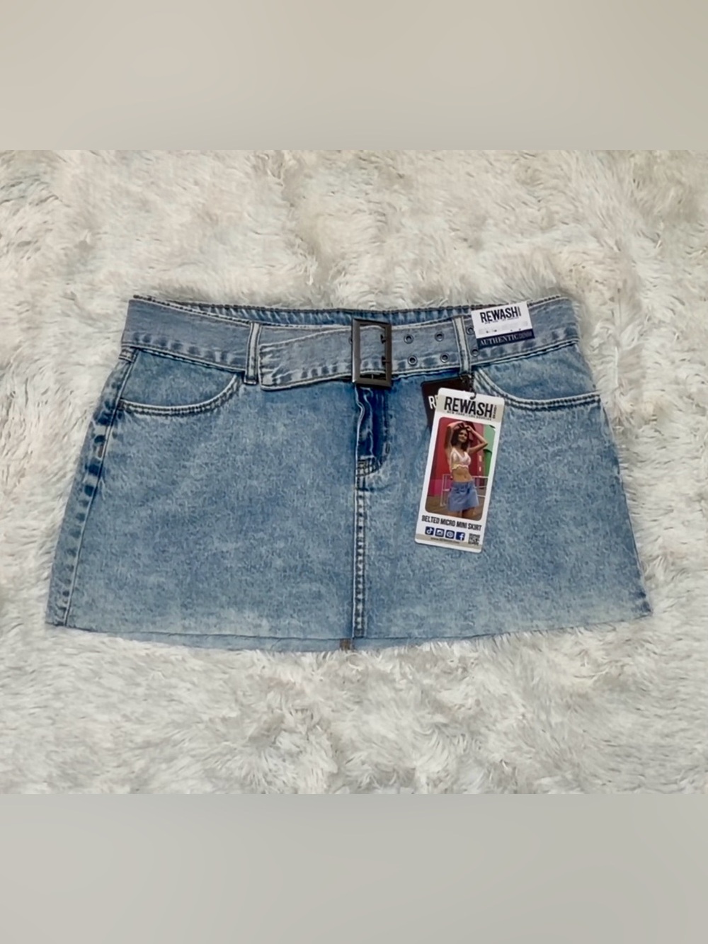REWASH Washed Blue Denim Mini Skirt with Belt. Size: 5/27